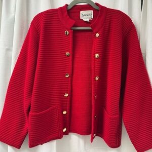 Vintage Women's Red Cardigan with Gold Buttons Size- M